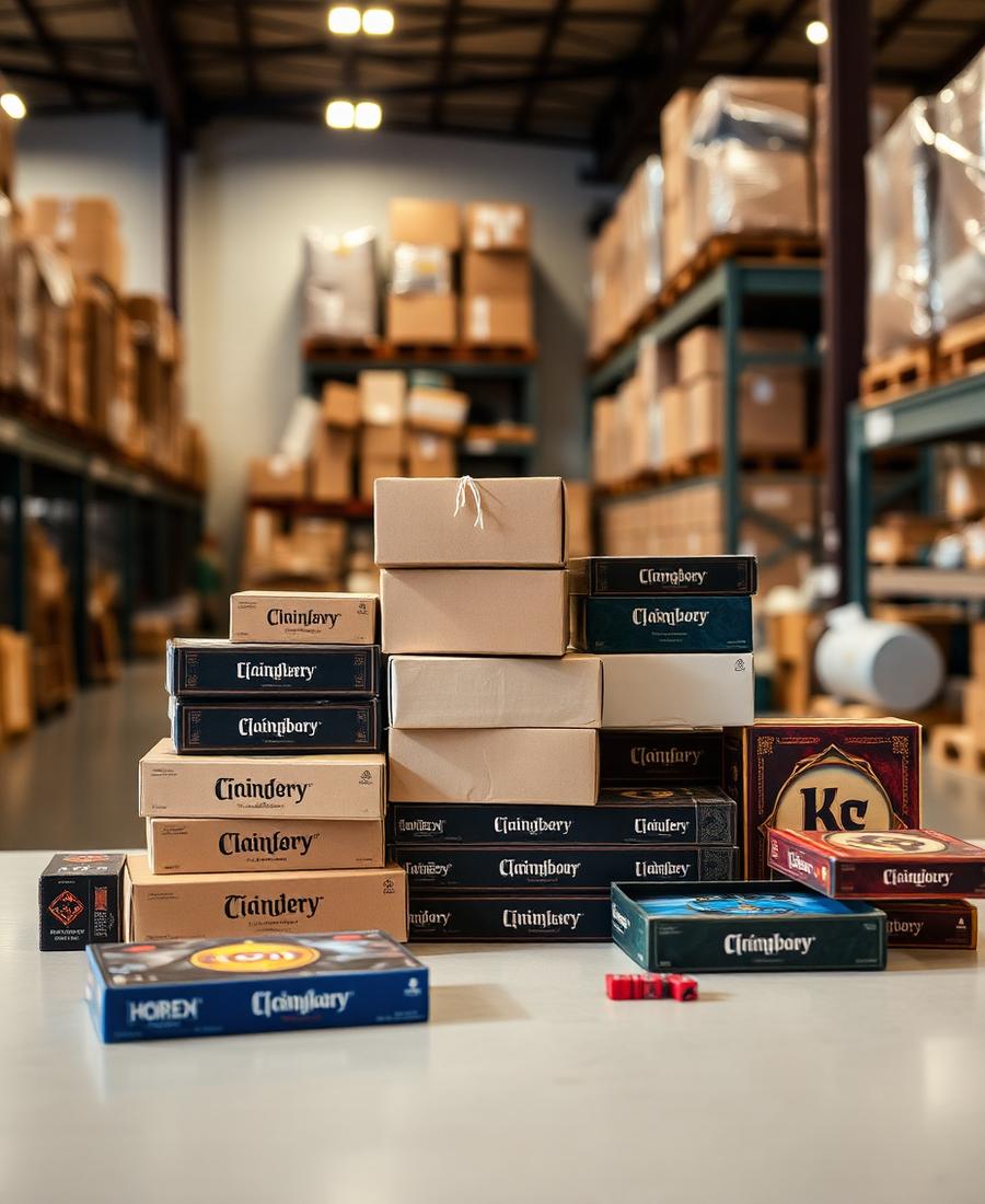 Stacked board game and tabletop product boxes held as wholesale inventory