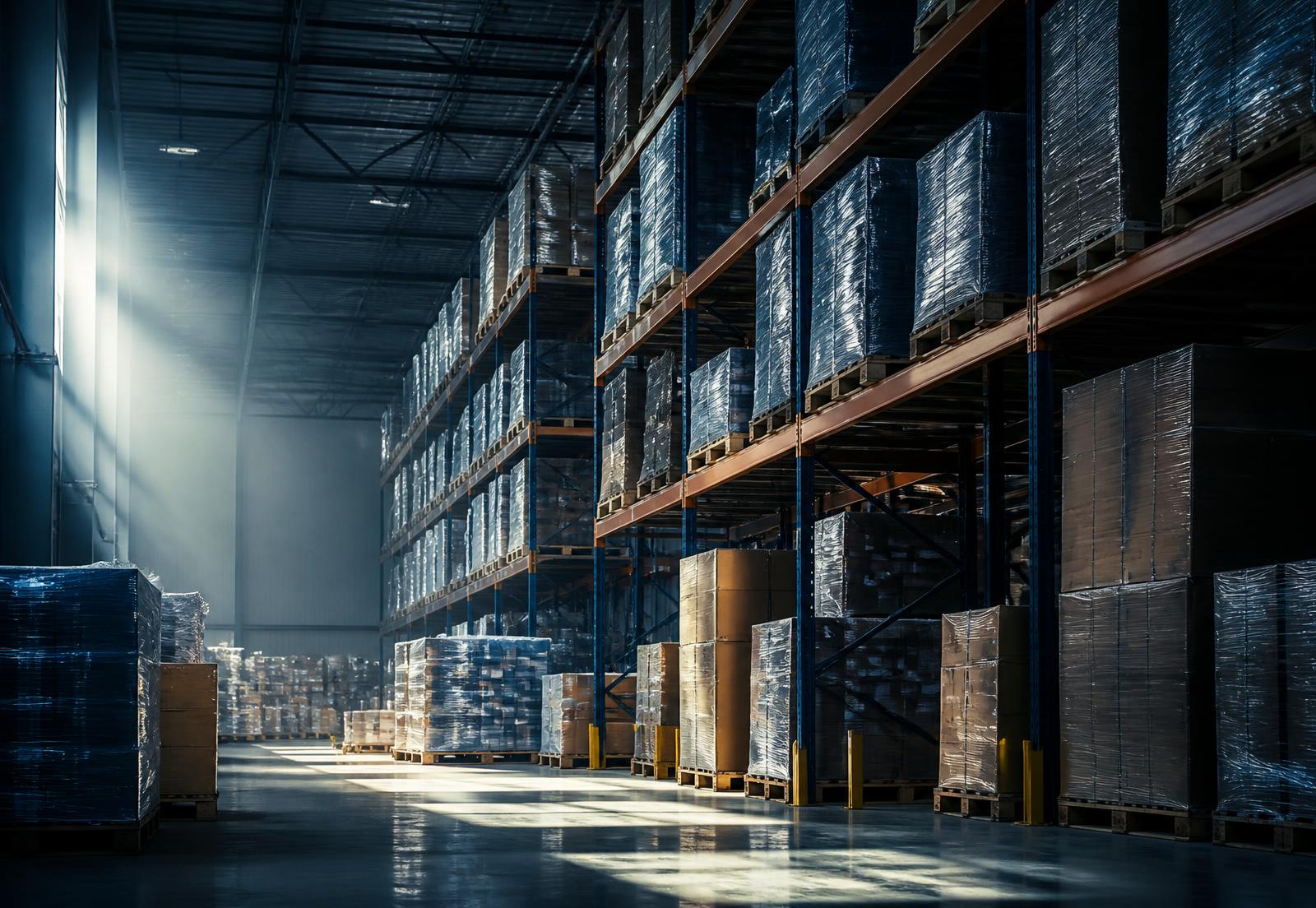 Pallets of inventory stacked in a modern distribution warehouse