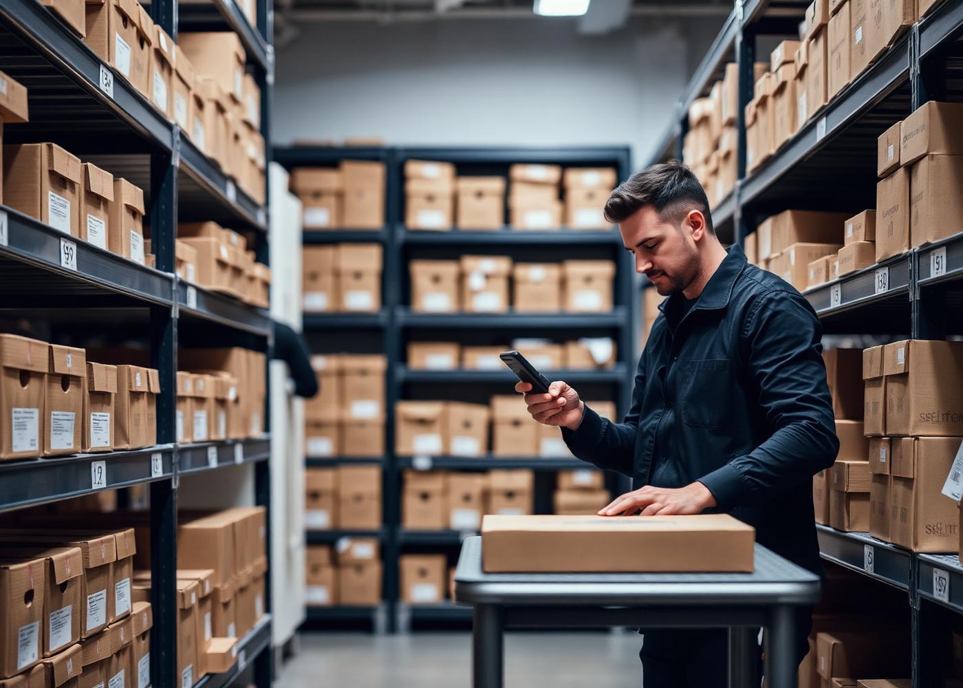 Retail stockroom staff checking wholesale inventory on shelving